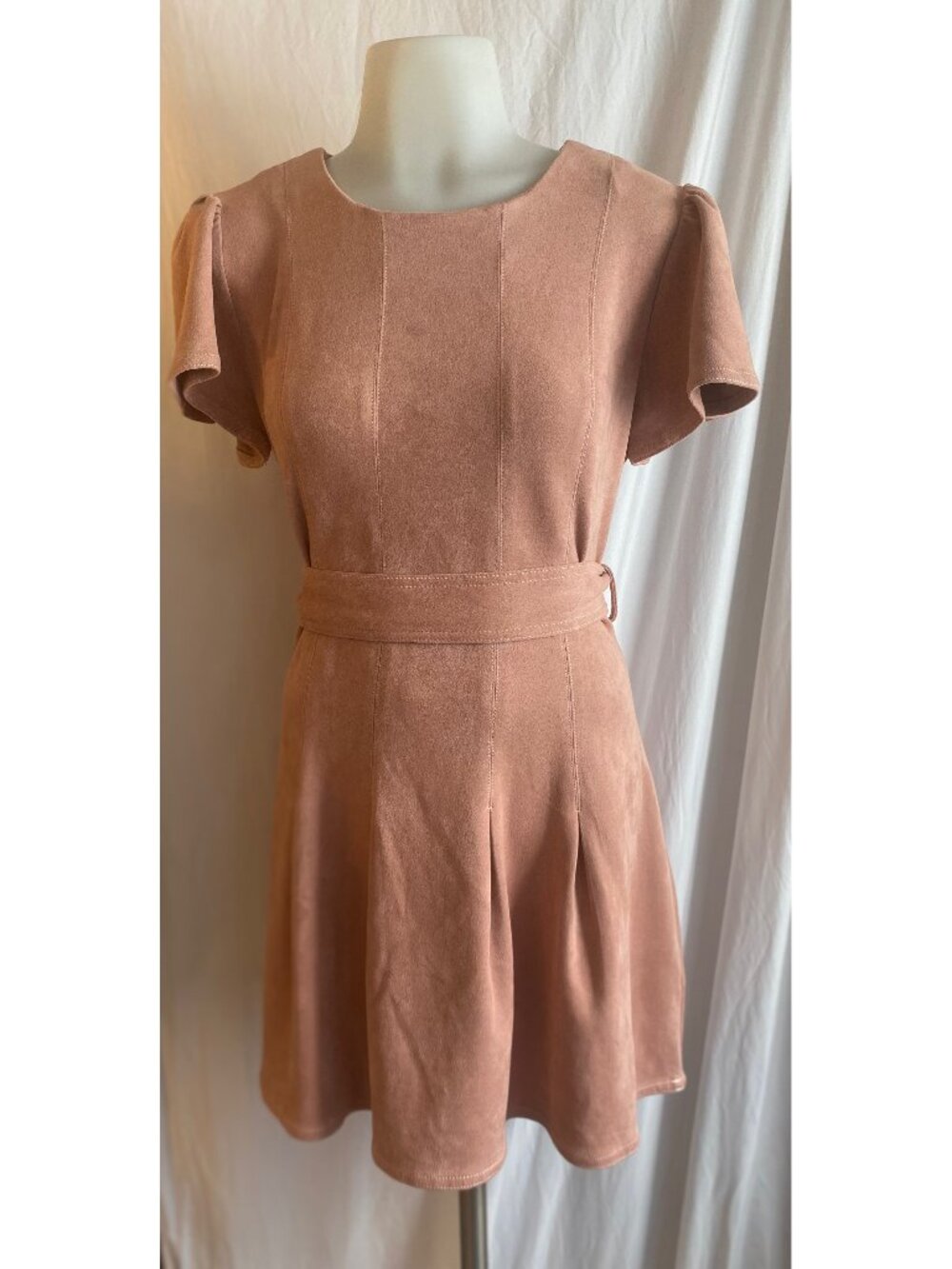 FATE Dusty Rose Faux Suede Tie Waist Fit & Flare Mini Dress Size S